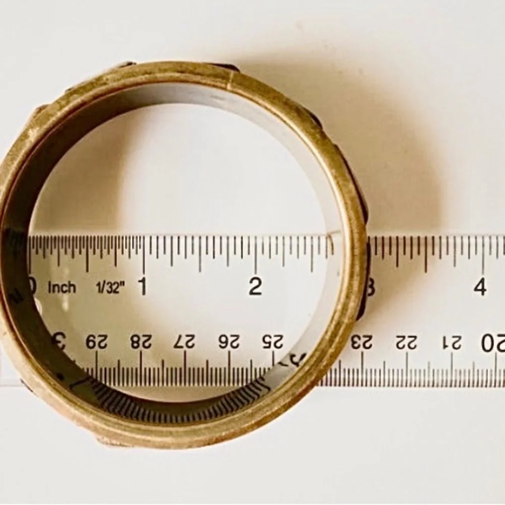 Beautiful Vintage Rustic Carved Wood Rectangle Panel Wide Brass Bangle Bracelet